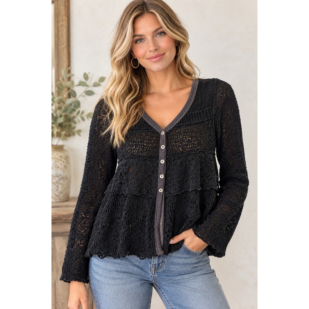 FREE PEOPLE Black Open Knit  Cardigan Sweater Women's Size Small Lace Crochet